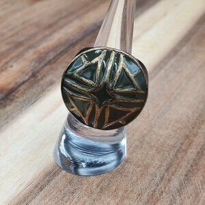 Bronze Jade Green Enamel Chunky Geometric Statement Zelda Cosplay Ring, Size 7